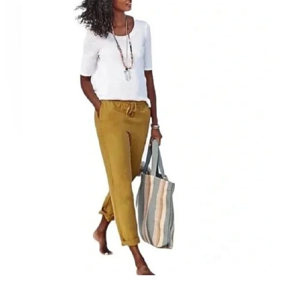 J. Jill Beachcomber Pull Up Pants Linen Blend Tie Waist Gilded Coin Comfy Sz SP - Picture 1 of 6